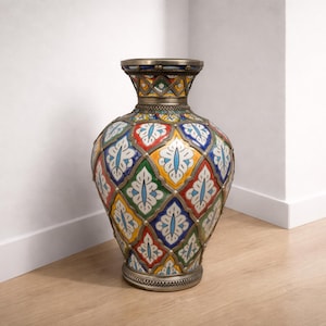 Unique Vase Hand Painted for Home Decor, Vase with Nickel Inlay and Blue, Ceramic Pottery Antique Jar, home decor vase encrusted nickel