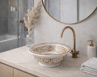 Handcrafted Pottery Washbasin For Bathroom Vanity - Round Beige & White Floral Vanity Sink