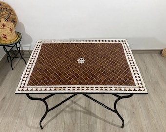 RUSTIC BROWN Mosaic TABLE – Rectangular Moroccan Zellige Dining Table – Handmade Outdoor Patio Furniture – Earth Tone Decor Table Tiles