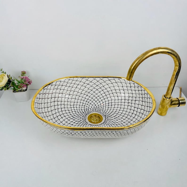 Blue Fish Scale Hand Painted Oval Bathroom Vessel Sink With 14k Gold ...