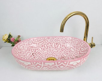 Ceramic Vessel Sink Oval for Bathroom Vanity, Handmade Hand Painted Basin Sink Countertop