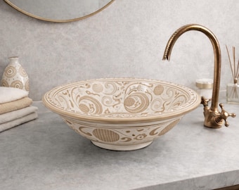 Antikes beiges Badezimmer-Waschbecken 100% handgefertigt, Unterbau- oder Arbeitsplatten-Porzellan-Dekor-Becken - rustikales Bauernhaus-Waschbecken