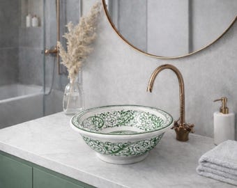 Lavabo da bagno color verde salvia. Lavabo rotondo in ceramica, lavabo artigianale in ceramica marocchina.