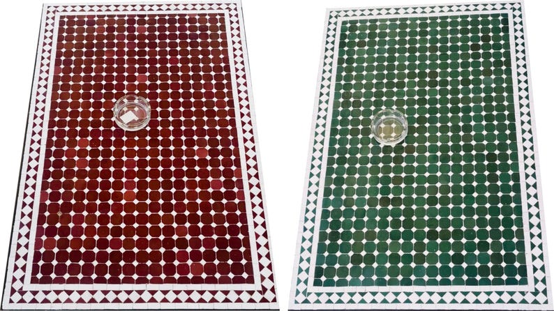 May include: Two rectangular mosaic tables, one in deep red and the other in emerald green. Each table has a grid pattern of small, square tiles and a white border with triangles. A small glass bowl sits on each table.