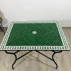 Rektangulärt grönt marockanskt mosaikbord, Zellige-kakelmatbord för utemöbler – Handgjort trädgårds- eller inomhusdekorationsbord