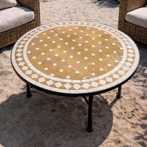 Custom Made Mustard ochre Mosaic Table - 100% Handmade Table For Outdoor and Indoor - Golden sand Mid Century Traditional Table