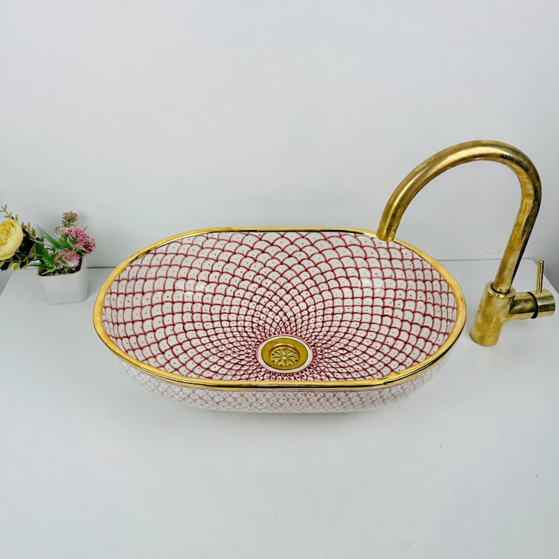 Blue Fish Scale Hand Painted Oval Bathroom Vessel Sink With 14k Gold ...