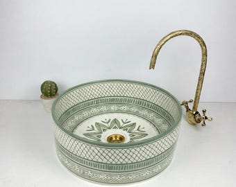 Sage Green Farmhouse Bathroom Vanity Sink 100% Handmade, Bathroom Ceramic Centerpiece Basin for Eco Friendly Countertop