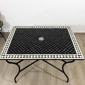 Black Zellige Mosaic Table – Rectangular MOROCCAN DINING TABLE – Modern Outdoor Patio Table – Handmade Iron Base Furniture