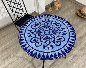 Unique BLUE MOSAIC TABLE,  Zellige tile Handmade Round Mosaic Garden Table, Luxurious Outdoor and Indoor Patio Furniture