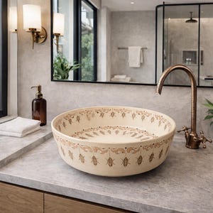 Pode incluir: Lavatório de casa de banho redondo creme com um padrão decorativo de insetos e rolagens em castanho. O lavatório está sobre uma bancada cinzenta com uma torneira de bronze. A casa de banho tem um design moderno.