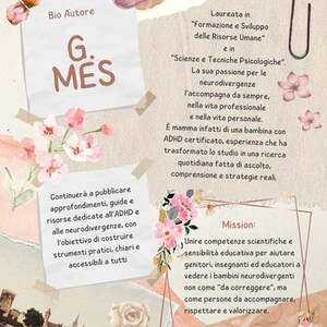 Op de afbeelding: Een collage-achtig ontwerp met tekst en bloemaccenten. De tekst bevat de naam "G. MES" en informatie over ADHD en neurodiversiteit. Roze bloemen en een brugafbeelding voegen visuele interesse toe.