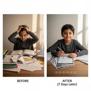 Può includere: Un'immagine divisa mostra un bambino prima e dopo un cambiamento. L'immagine "prima" mostra un bambino con le mani sulla testa circondato da carte e libri. L'immagine "dopo" mostra il bambino sorridente e che scrive su un foglio di lavoro. Il testo recita "PRIMA" e "DOPO (7 giorni dopo)".