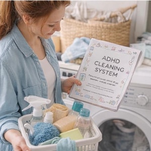 Può includere: Una persona tiene in mano un cestino bianco pieno di prodotti per la pulizia e un raccoglitore intitolato "ADHD Cleaning System". Il raccoglitore ha bordi decorativi e testo. Il cestino contiene flaconi spray, spugne e altri prodotti per la pulizia.