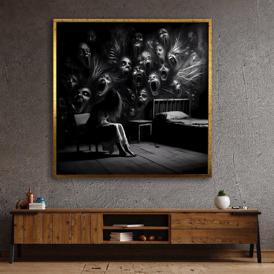 Haunted Bedroom Scene Canvas, Dark Horror Wall Art, Screaming Faces ...