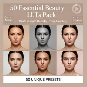 May include: A promotional image for a beauty product, featuring six headshots of a woman with different color grading effects. The text reads "50 Essential Beauty LUTs Pack" and "Professional Beauty Color Grading" with "50 UNIQUE PRESETS" at the bottom.