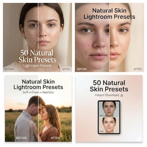 May include: A promotional image showcasing before-and-after examples of skin retouching using 50 Natural Skin Lightroom Presets. The image includes examples of skin smoothing and color correction, with the text "Before" and "After".