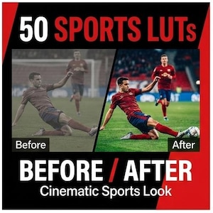 May include: Image showcasing a "Before" and "After" comparison of a soccer game photo. The image is split, with the left side labeled "Before" and the right side "After." Text at the top reads "50 SPORTS LUTS." Below, the text says "BEFORE / AFTER Cinematic Sports Look."