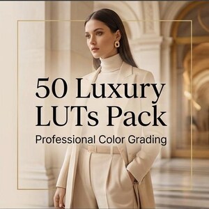 Puede incluir: Una mujer con un traje color crema y un cuello alto está de pie en un pasillo bien iluminado. El texto de la imagen dice "50 Luxury LUTs Pack" y "Professional Color Grading."