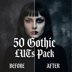 May include: Image showcasing a woman's face split vertically, with one side in natural tones and the other in a gothic style with dark makeup. Text reads "50 Gothic LUTs Pack" with "BEFORE" and "AFTER" labels, suggesting a transformation effect.