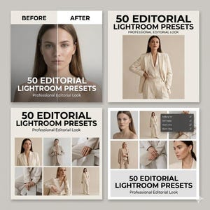 May include: A promotional image showcasing "50 Editorial Lightroom Presets" with a professional editorial look. The image includes before-and-after examples, a model in a cream-colored suit, and a grid of photos demonstrating the presets' effects.