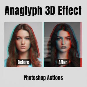 May include: Image showcasing a 3D anaglyph effect applied to a portrait of a woman. The image is split into two sections, labeled "Before" and "After," demonstrating the transformation. The text "Anaglyph 3D Effect" and "Photoshop Actions" are displayed.