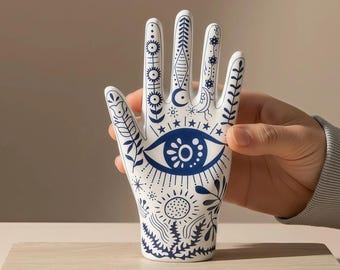 Handlijnkunde sieradenhouder handlijn, keramische waarzegster ringstandaard, mystic hand kettingrek, astrologie decor cadeau