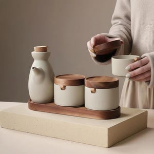 Puede incluir: Una botella de aceite de cerámica color crema con tapón de corcho, dos recipientes con tapa a juego y una taza pequeña. Todos los artículos están sobre una bandeja de madera. El conjunto se exhibe sobre un bloque rectangular de color claro.