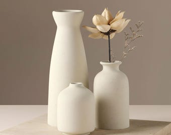 Set of 3 Matte Ceramic Vases, Neutral Farmhouse Bottle Vases, Off White Rustic Vase Trio, Dried Flower Shelf Decor