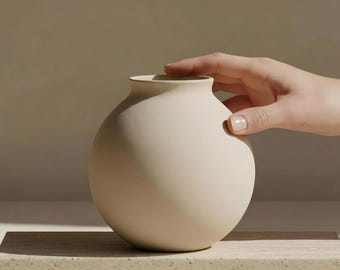 Matte Ceramic Round Vase, Cream White Minimalist Flower Vase, Soft Textured Tabletop Vase, Modern Indoor Shelf Decor