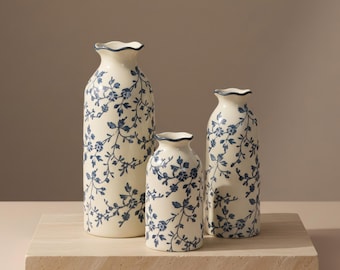 Blue and White Ceramic Floral Vase, Pastoral Porcelain Tabletop Vase, Chinoiserie Style Flower Vase, Shelf Decor Gift