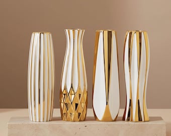 Gold Stripe Ceramic Vase 30cm, Electroplated Luxury Flower Vase, Modern Tabletop Decor, Tall Decorative Vase for Home