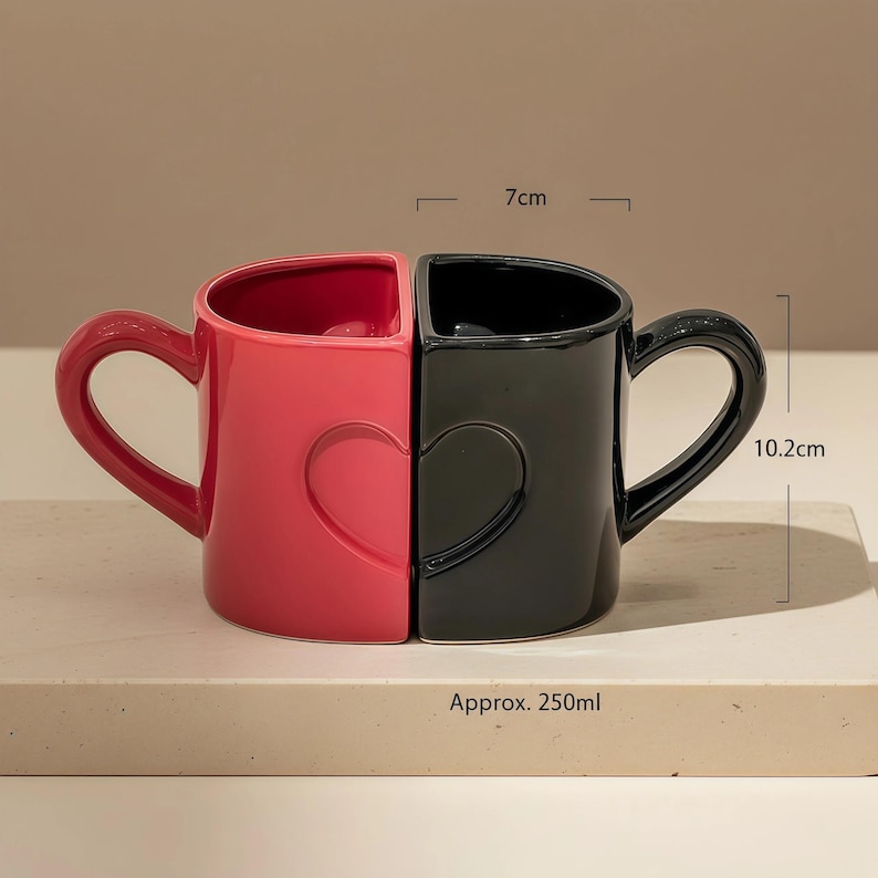 Ceramic Couple Mug Set, 250ml Heart Split Coffee Cups, Red Black or ...