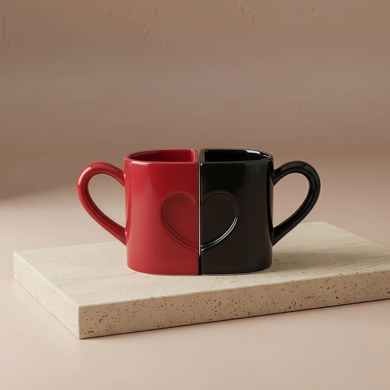 Ceramic Couple Mug Set, 250ml Heart Split Coffee Cups, Red Black or ...