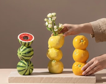 Jarrón de cerámica con frutas apiladas, jarrón con flores de naranja, limón y sandía, centro de mesa nórdico brillante, regalo divertido para la decoración de la cocina.