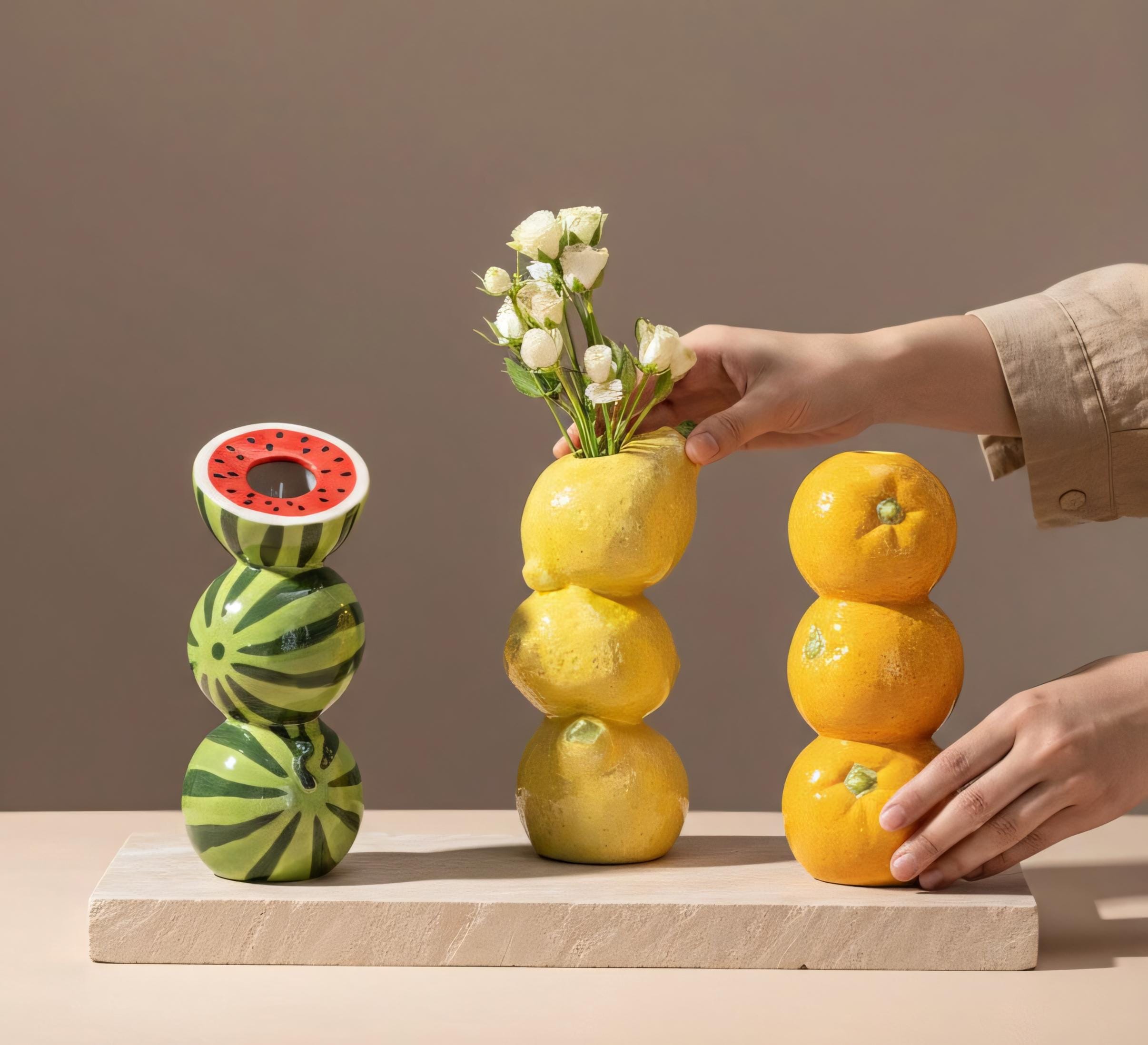 Modern Fruit Stacked Vase - Nordic Ceramic Table Centerpiece in Orange, Lemon Or Watermelon