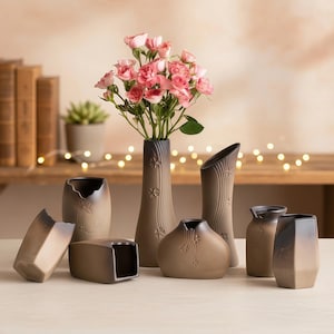 May include: A collection of eight ceramic vases in varying shapes and sizes, featuring a matte tan finish with dark brown gradient accents and embossed floral patterns. One tall, slender vase holds a bouquet of pink roses with green stems.