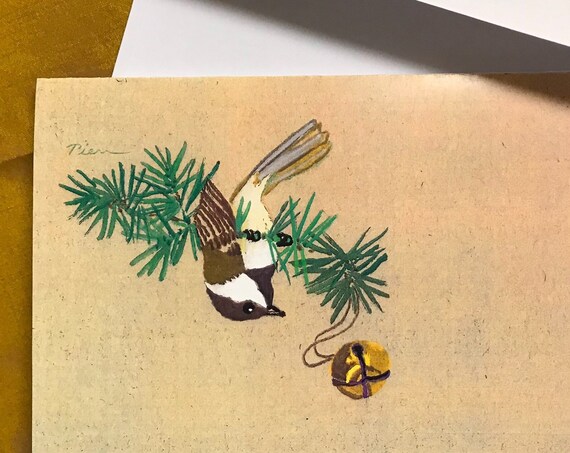 1 Chickadee & Gold Jingle Bell Card ~ Ready to Ship!