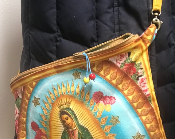 Zipper Bag + Removable Strap ~ Our Lady Guadalupe Sky / AquaLining ~ Ready to Ship!