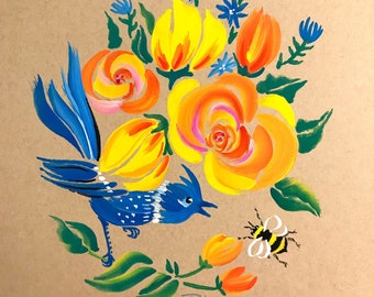 Blue Bird Meets Bee ~ Acrylic-Gouache Painting ~ Ready to Ship!