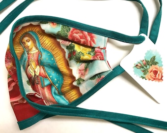 Reversible Face Mask ~ Our Lady Guadalupe Rose /Red TealStraps ~ Ready to Ship!