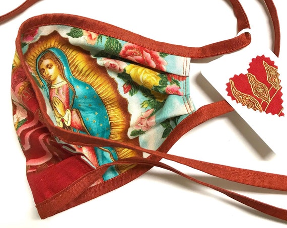 Reversible Face Mask ~ Our Lady Guadalupe Rose/Red RedStraps ~ Ready to Ship!
