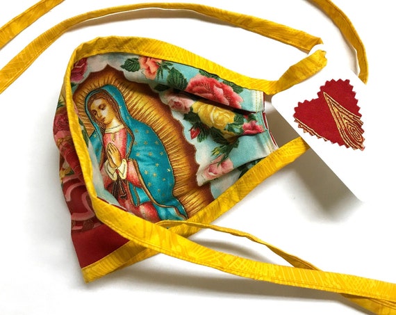 Reversible Face Mask ~ Our Lady Guadalupe Rose/Red YellowStraps ~ Ready to Ship!