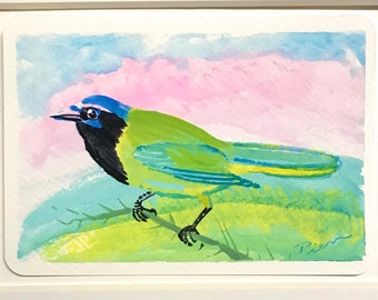 Green Jay ~ Postcard Painting #47 ~ Ready to Ship!