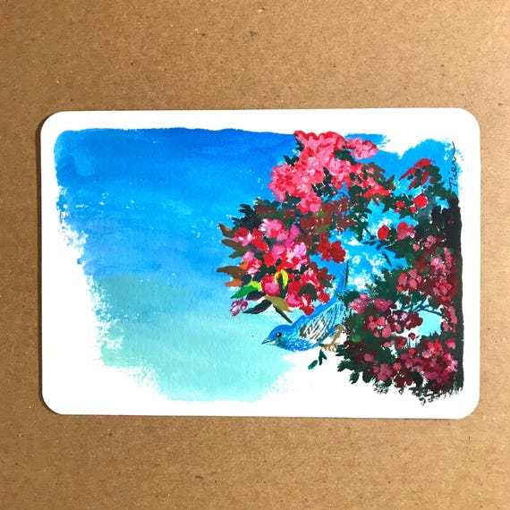 Indigo Bunting Painting, Original Art, 4x6 Postcard