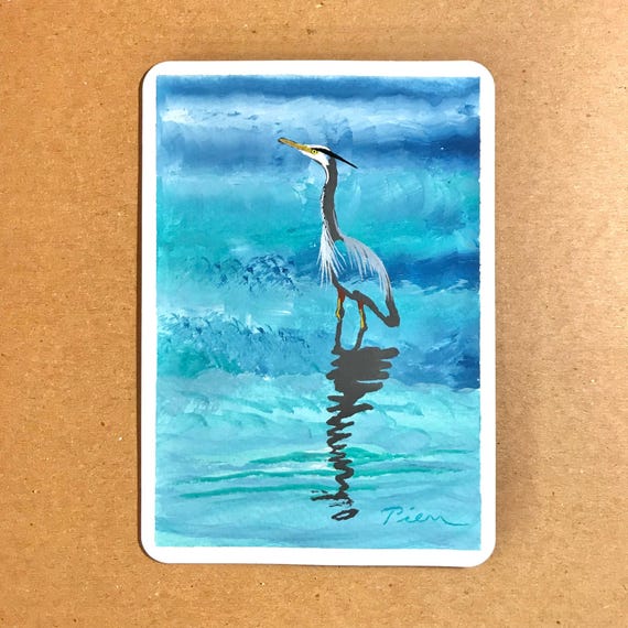 Blue Heron Original Painting, Acrylic Gouache Art (4x6 Postcard)