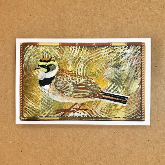 Original Acrylic-Gouache Bird Painting: Horned Lark on Vintage Postcard
