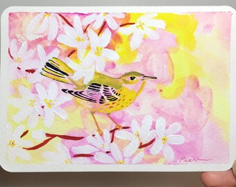 Female Yellow Warbler ~ Postcard Painting #79 - Ready to Ship!