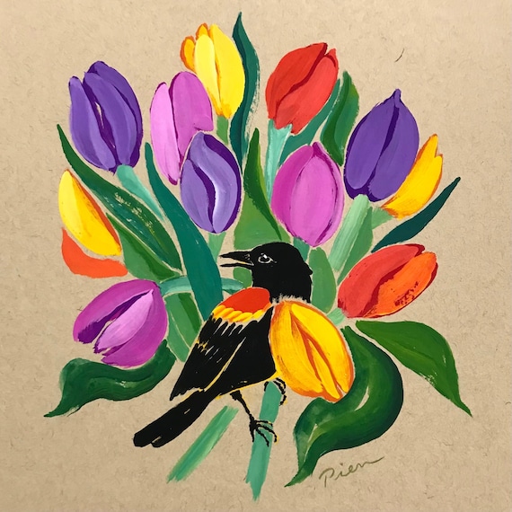 Red-winged Blackbird ~ Acrylic-Gouache Painting ~ Ready to Ship!