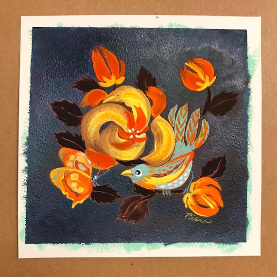 Fast Friends Painting, Original Art,  8.5x8.5 Acrylic-Gouache